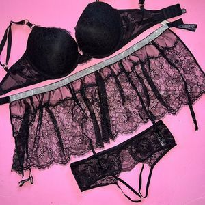 Victoria's Secret 32DDD BRA SET+garter skirt+cutout panty BLACK lace SHINE STRAP